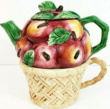 Peggy JoAckley Personal Teapot and Cup Set W/Handle Basket Of Apples 7.7... - £11.01 GBP