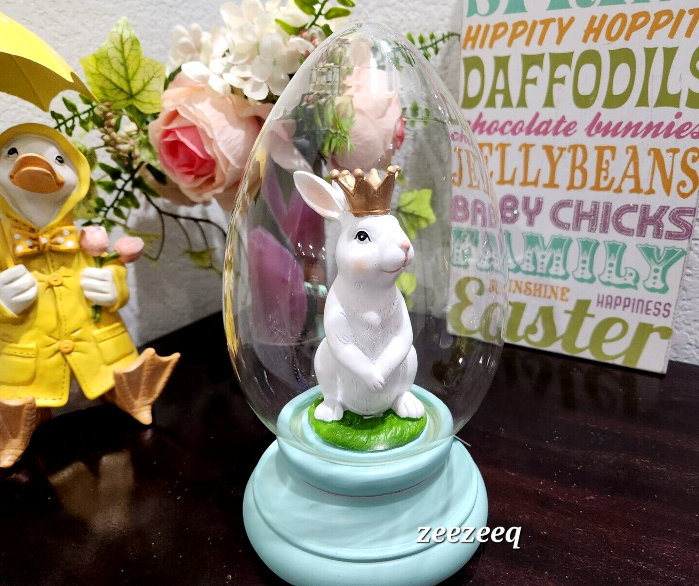 Easter Spring Bunny Rabbit Glass Egg Cloche Figurine Statue Decor 9.25&quot; - $42.99