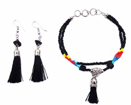 Native American Inspired Thread Tassel Chip Stone Dangle Earrings and Seed Beade - £14.20 GBP