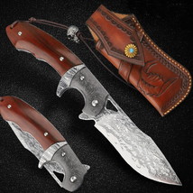 Hunting Knife VG10 Damascus Steel Folding Blade Leather Scabbard Collectible - £96.45 GBP