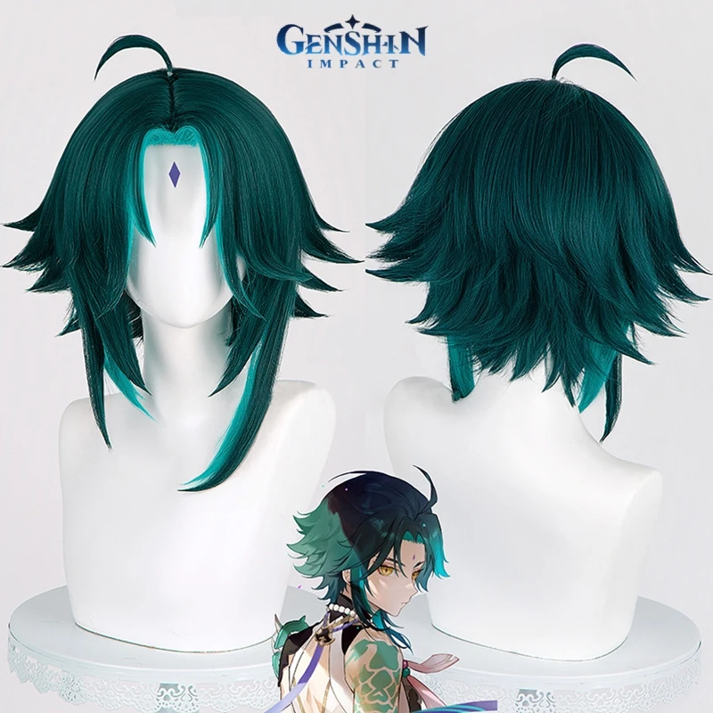 Genshin Impact Xiao Cosplay Wig Anime Figure Short Double Green Color Mixed Heat - £18.39 GBP