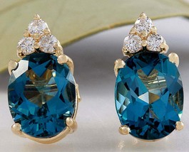 5CT Simulated Oval London Blue Topaz  Stud Earring  14K Yellow Gold Plated - £77.44 GBP