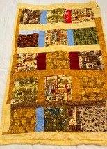 Baby Crib Brown Knit Satin Trim Square Patchwork Pattern Quilt Blanket - £14.03 GBP
