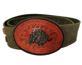 Khaki Green Canvas &amp; Tooled Leather Vtg Indian Chief Buckle Western Hugo... - $13.85