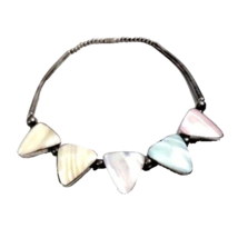 Vintage 1970&#39;s Acrylic Mother of Pearl Necklace Triangle Shape Silver Tone 18-in - £13.72 GBP