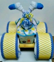 Blue and Yellow Rubber Ducky Themed Baby Shower Four Wheeler Diaper Cake Gift - £66.54 GBP