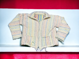 Woven Rainbow White Colorful Knitted Loom Zip Up Sweater Jacket Medium V... - £73.54 GBP