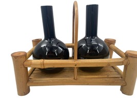 Vintage Dark Black Cherry Glass Cruet Oil / Vinegar or SAKE Set in Caddy - £14.20 GBP