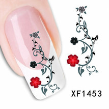 Nail Art Water Transfer Sticker Decal Stickers Pretty Flowers Red Black XF1453 - £2.45 GBP