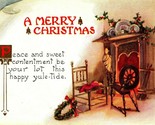 Winsch Back Embossed Fireplace Merry Christmas Spinning Wheel UNP Vtg Po... - £5.56 GBP