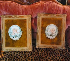 2 Antique Framed Capodimonte plaques Porcelain Velvet padded Victorian Bisque Mo - £193.78 GBP