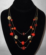 Orange Brown Silver Gemstone Wood Beaded 3 Strand Necklace Adjustable Chain - $45.00