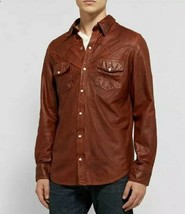 Men brown leather shirt designer genuine lambskin mens leather jacket - £120.25 GBP