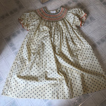 Vintage Long Rosalina Smocked Hand Embroidered Bishop Dress polka dot 6y - £24.72 GBP