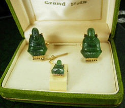 Vintage Jade Buddha Cufflinks ORIGINAL Box Tie tack Chinese Oriental Asian Good  - £169.08 GBP