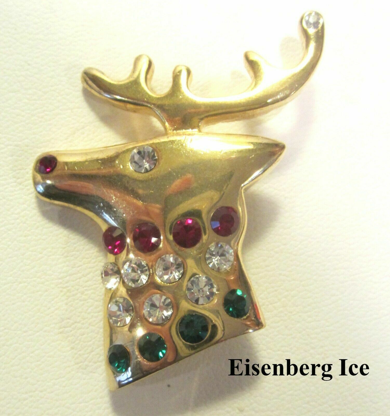 Primary image for Eisenberg Ice Christmas Rhinestone Reindeer Brooch Pin Gold Tone Setting