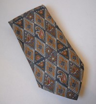 Christopher Hayes Neck Tie Steel Blue Gold 100% Silk Diamond Paisley Floral - £26.89 GBP