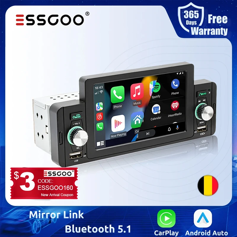 ESSGOO 5 Inch Car Radio 1 Din CarPlay Android Auto Multimedia Player BT 5.1 - £46.84 GBP+