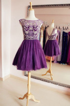 Rosyfancy Purple Beaded Top A-line Knee Length Short Prom / Party Dress - £195.13 GBP