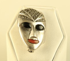 Vintage Sterling Silver Rare 3D Carnaval Mask Face Enamel Marcasite Pin Brooch - £38.21 GBP