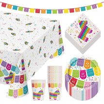 Fiesta Party Piñata Paper Dessert Plates, Napkins, Cups, Table Cover, and Banner - £18.06 GBP