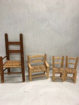 Wood rattan wicker DOLL furniture chair seatee Miniature Childs 4 piece Vintage - £27.59 GBP