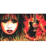 rock and roll painting womans face flaming guitar original art By Elizav... - £32.05 GBP