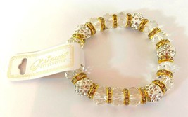 Bracelet: Fits 3-7&quot; Double-stretch Elastic Duro Dipped WHITE/CLEAR CRYSTALS/BEAD - £2.30 GBP