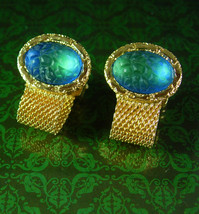 Hauntingly Beautiful cuff links BERMUDA blue Vintage Lava Glass gold mesh wrap C - £97.73 GBP