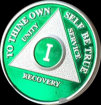 Green &amp; Silver Plated 1 Year AA Chip Alcoholics Anonymous Medallion Coin... - £13.57 GBP