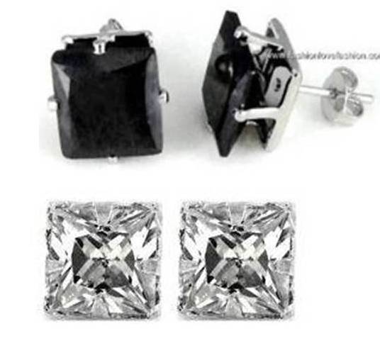 2 PAIRS PIERCED CLEAR+BLACK SQUARE Sparkling CZ STUD EARRINGS For Men Women - $8.33+