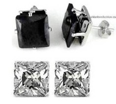 2 Pairs Pierced Clear+Black Square Sparkling Cz Stud Earrings For Men Women - £6.67 GBP+