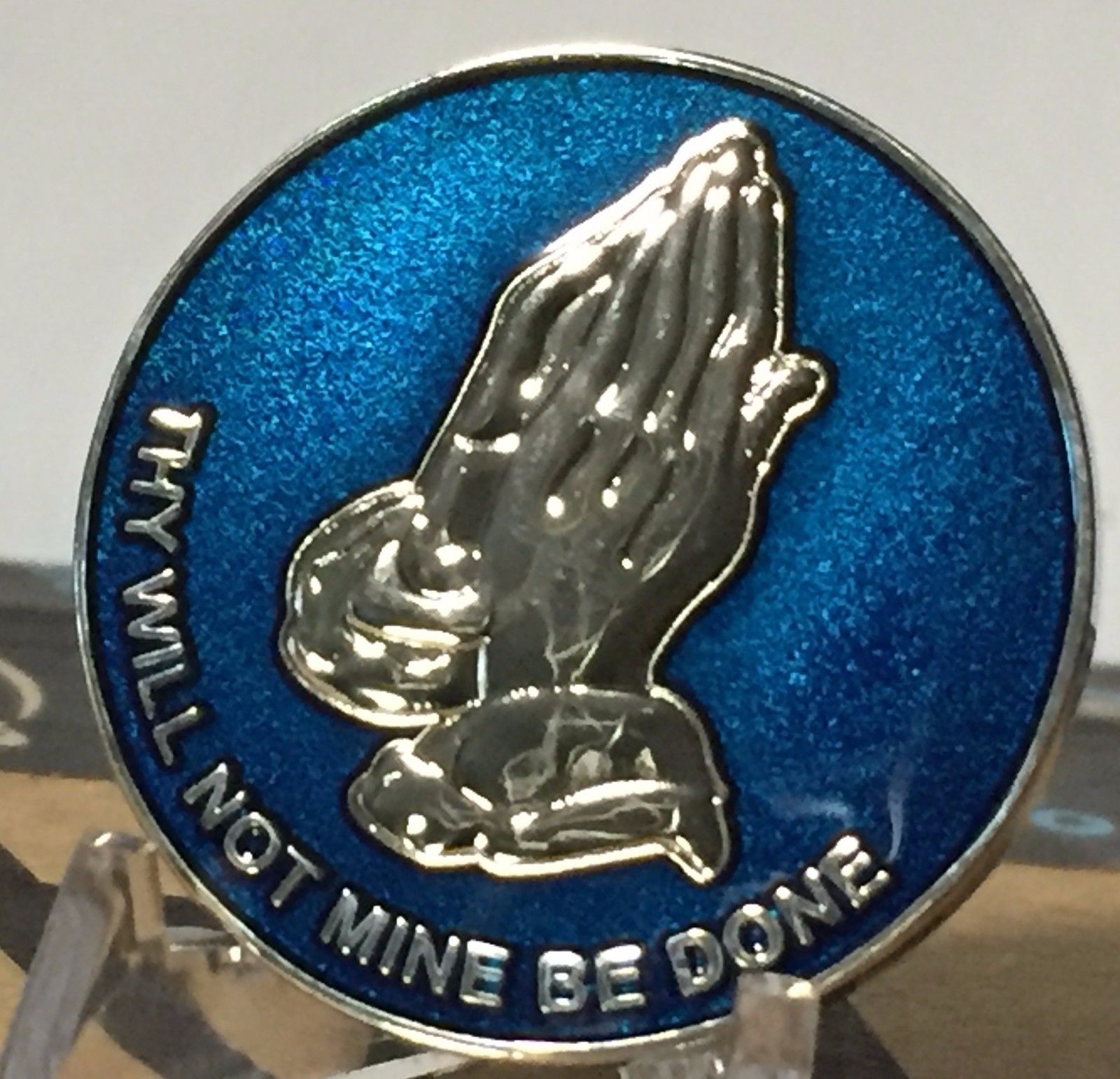 Praying Hands Thy Will Not Mine Be Done Blue Silver Plated Medallion Chip Coin