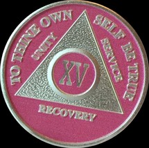 Pink &amp; Silver Plated 15 Year AA Chip Alcoholics Anonymous Medallion Coin - £13.54 GBP