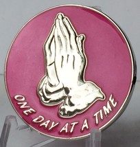 Praying Hands One Day At A Time Pink Silver Plated Medallion Serenity Pr... - $18.99