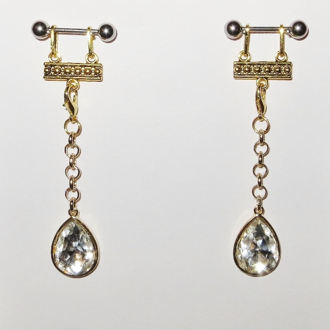 Pierced Nipple Bar Jewelry Charm Adaptors Pair + Rhinestone Teardrop Dangles - $35.00