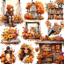 Autumn Fall Leaves Stickers Girl Pumpkin Sunflower Cat Scrapbook Decoration Set - £6.59 GBP