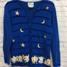 Quacker Factory Womens Cardigan Sweater Blue Angels Moon Star Stripe Applique S - £18.94 GBP