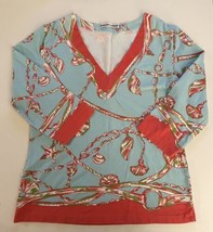 Barbara Gerwit V-Neck Tunic Top Coral and Blue Shells Starfish Sea Life ... - £11.45 GBP
