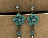Vintage Blue Flower Rhinestone Drop Dangle Leverback Earrings - $23.16