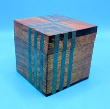 Vintage MID-CENTURY Modern Teak Covered Box With Metal Inlaid Strips - £28.06 GBP