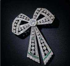 Antique Emerald &amp; Diamond 6.80 Ct Art Deco Bow Brooch Pin in 14k White Gold Over - £147.28 GBP