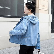 Autumn Vintage Denim Women&#39;s Jacket Korean  Hole Casual Basic Coat Ladies Hooded - £85.09 GBP