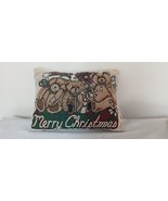VTG  Merry Christmas Holiday Tapestry Throw Pillow With 3 Teddy Bears 12x9 inch - $12.87