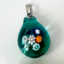 Murano Glass Handcrafted Millefiori Green Pendant &amp; 925 Sterling Silver ... - £21.99 GBP