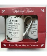 Holiday Home Love Never Fails Bible Verse Mug and Coaster Set Mistletoe ... - $11.99