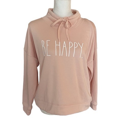 Rae Dunn Be Happy Sweatshirt Fleece Mock Neck Drawstring Top Women’s S Pink - £18.76 GBP