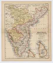 1888 Antique Map Of British India Madras Hydrabad Mysore Andra Pradesh Sri Lanka - £22.34 GBP