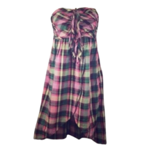 Kensie Fit &amp; Flare Dress Pink Green Plaid Tiered Knee Strapless Size Small - £16.07 GBP