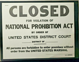 Vintage Closed for Violatition of National Proibition Act Sign US Marsha... - £24.03 GBP